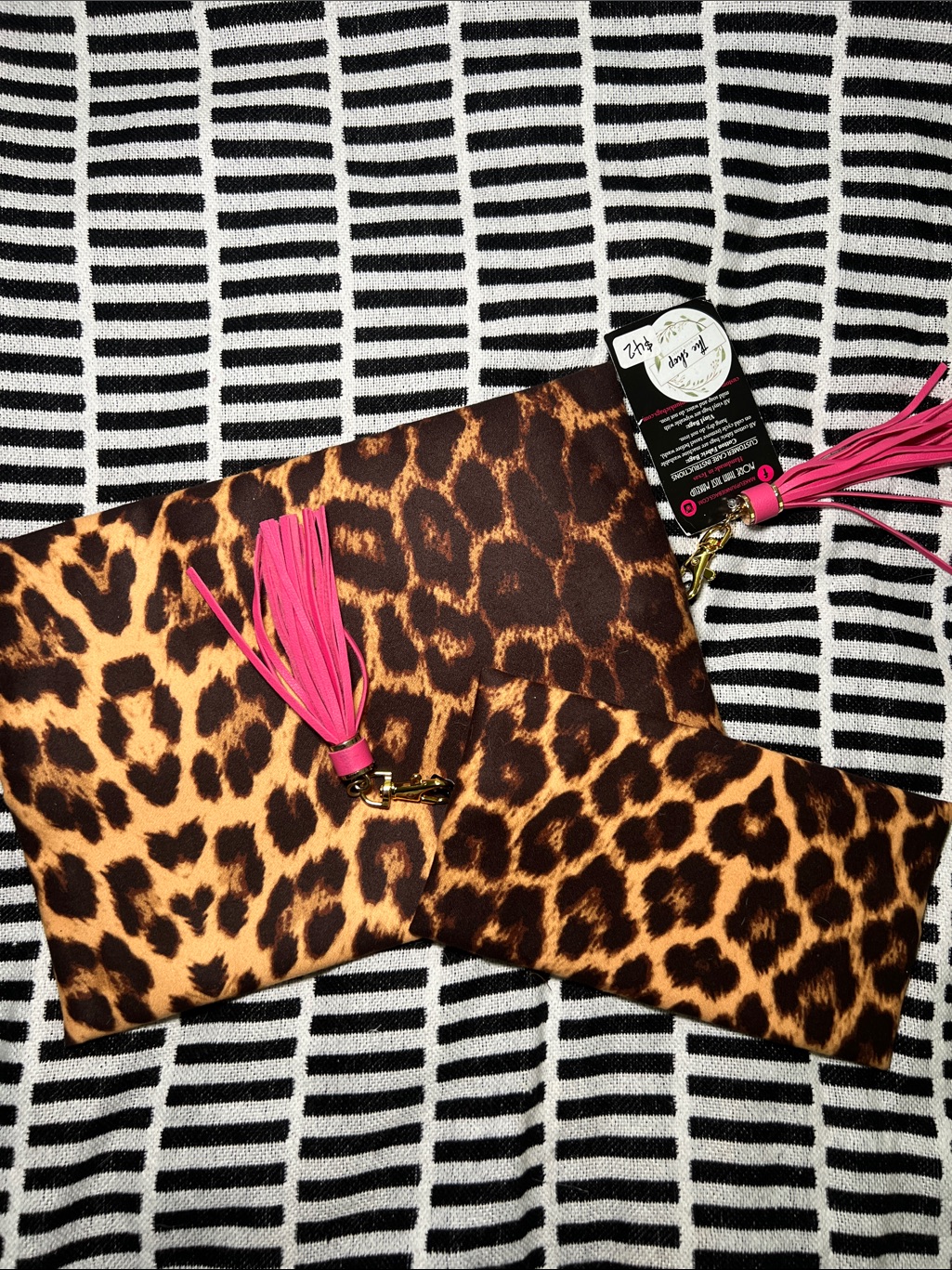 Bundle Of 2! Leopard Print Cosmetic Pouches Set With Pink Tassel Accent